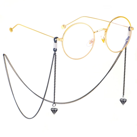 Eyeglass Chain Metal Non-Slip Sunglasses Holder With Black Diamond Pendant Decorative Neck Strap For Women Men