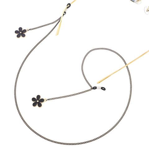 Elegant Glasses Chain Alloy Metal Non-slip Eyewear Strap With Black Flower Pendants For Sunglasses And Reading Glasses