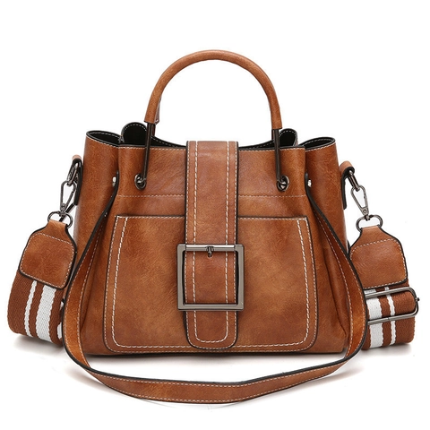 Borsa A Spalla Donna Pelle PU Retro Forma Secchiello Cuciture A Contrasto Grande Fibbia Metallo Tracolla Larga Righe
