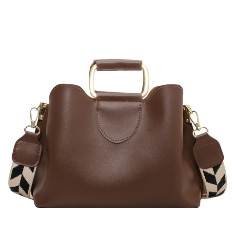 Women PU Leather Shoulder Bag With Geometric Pattern Wide Strap Retro Handbag Square Gold Metal Handle Multi Compartment