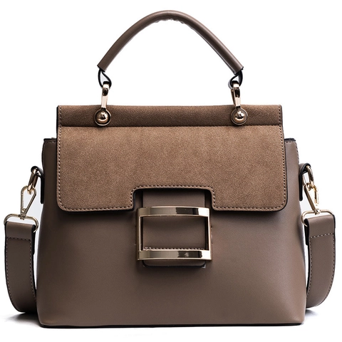 Women Shoulder Crossbody Bag PU Leather Suede Patchwork Metal Square Buckle Flap Top Handle Retro Fashion
