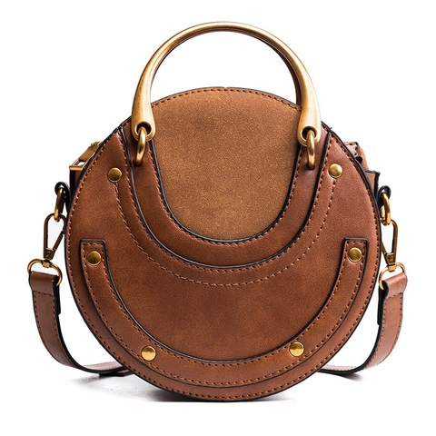 Women Round Crossbody Bag Circular Handbag PU Leather Suede Splicing Rivets Metal Ring Handle Retro Fashion Elegant