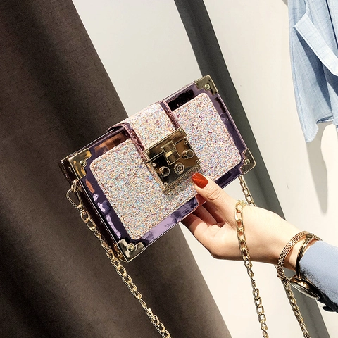 Sequin Glitter Box Bag For Women PU Leather Metallic Corners Chain Strap Crossbody Evening Party Handbag