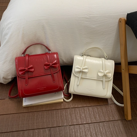 Mochila Mini para Mujer Estilo Preppy Cuero PU Lazo Bolso Cuadrado Pequeño Versátil Bolso de Bandolera de Diario Bolso de Mano