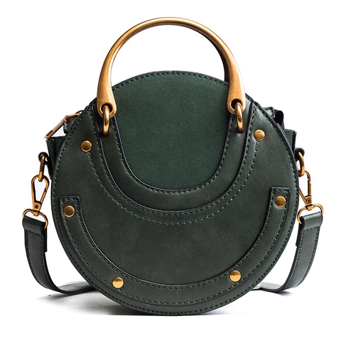 Bolso Bandolera Redondo Mujer Cuero PU Gamuza Patchwork Asa Anillo Metal Dorado Remache Pequeño Retro De Mano