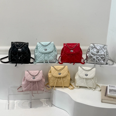 Rhombus Quilted Mini Backpack PU Leather Chain Strap Drawstring Turn Lock Fashion Shoulder Bag For Women