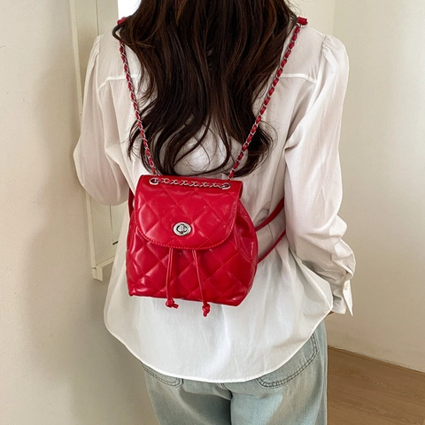 Rhombus Quilted Mini Backpack PU Leather Chain Strap Drawstring Turn Lock Fashion Shoulder Bag For Women