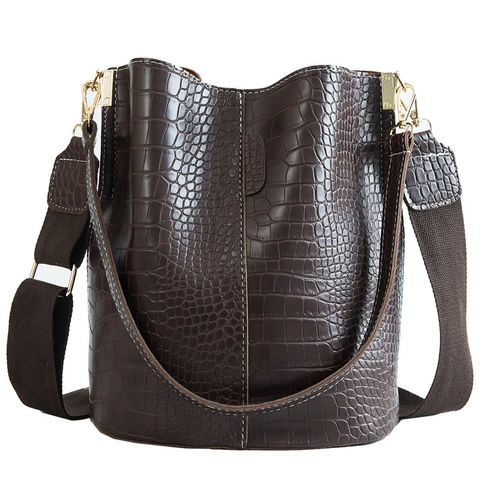 Borsa Secchiello Donna Pelle PU Motivo Coccodrillo Grande Capacità Tracolla Larga Tela Borsa Spalla Hardware Dorato