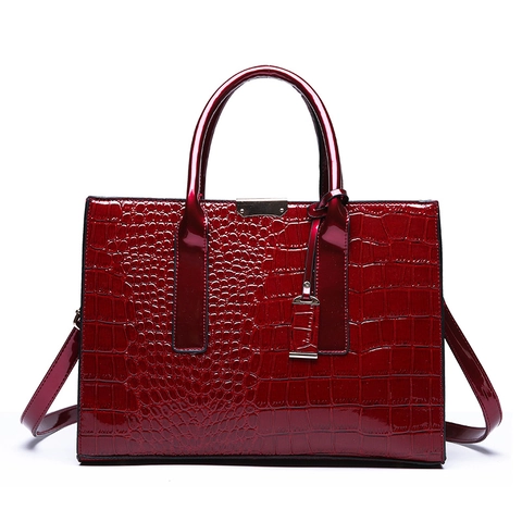 Crocodile Pattern Handbag Large Capacity PU Leather Glossy Tote Bag With Detachable Shoulder Strap For Women Commuter Vintage Style