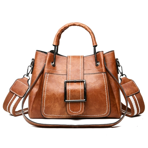 Women PU Leather Bucket Bag Contrast White Stitching Metal Square Buckle Dual Straps Vintage Shoulder Handbag