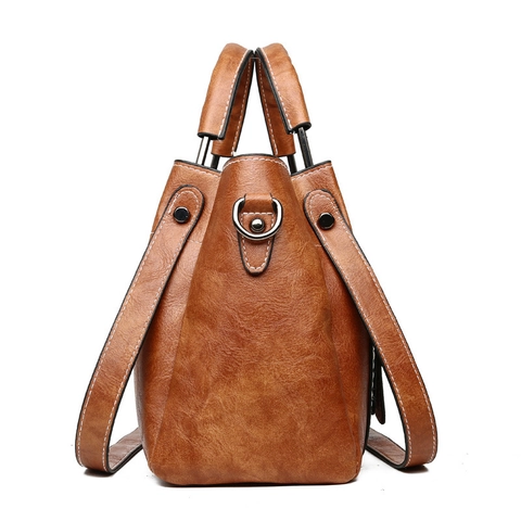 Women PU Leather Bucket Bag Contrast White Stitching Metal Square Buckle Dual Straps Vintage Shoulder Handbag