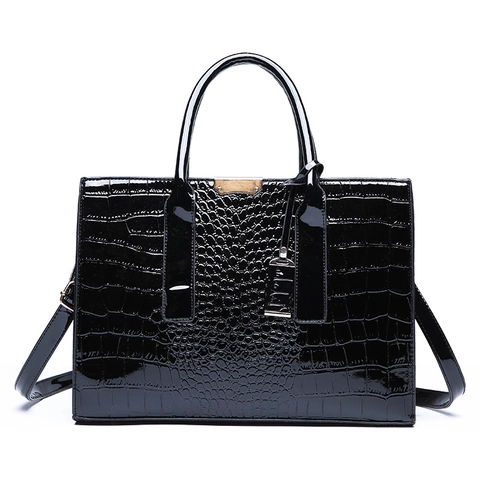 Crocodile Pattern Handbag Large Capacity PU Leather Glossy Tote Bag With Detachable Shoulder Strap For Women Commuter Vintage Style