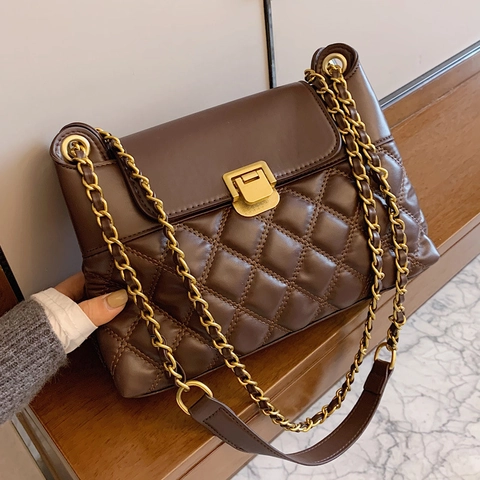 Women Quilted Shoulder Bag PU Leather Gold Chain Crossbody Square Lock Elegant Vintage Flap Bag