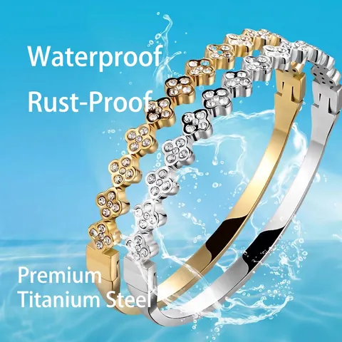 Stainless Steel Bangle For Women Gold Plated Zircon Inlaid Clover Heart Star Roman Numerals Fashion Jewelry