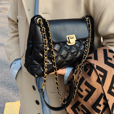 Women Quilted Shoulder Bag PU Leather Gold Chain Crossbody Square Lock Elegant Vintage Flap Bag