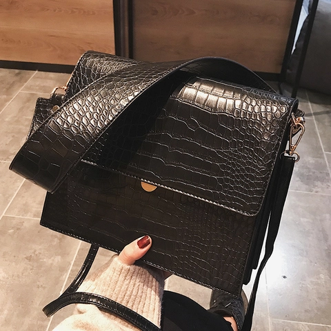 Women Crocodile Pattern PU Leather Small Square Bag Flap Wide Strap Vintage Crossbody Shoulder Bag