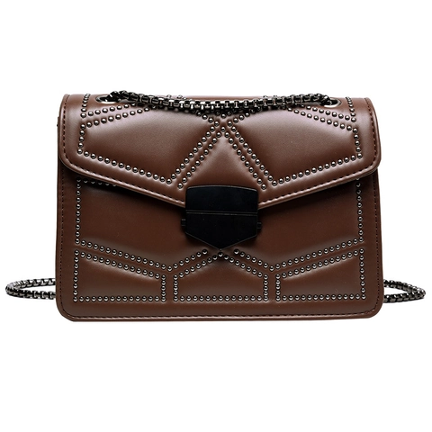 Women PU Leather Small Square Shoulder Bag Geometric Rivet Decor Metal Chain Strap Flap Lock Punk Style Crossbody