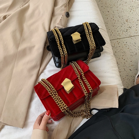 Dames Fluweel Gewatteerde Vierkante Crossbody Tas Mode Gouden Ketting Schoudertas Retro PU Leer Flap Kleine Tas