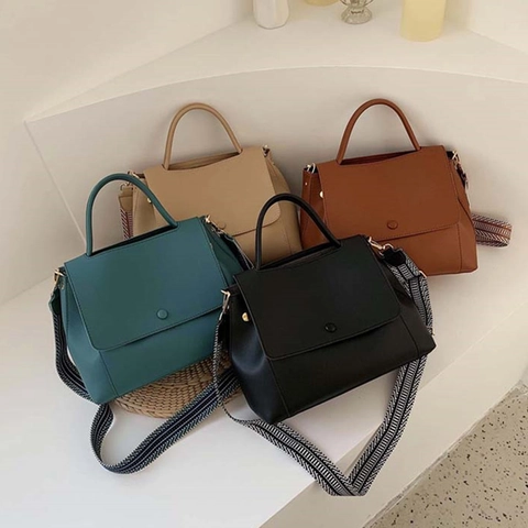 Women Large Shoulder Bag PU Leather Wide Geometric Strap Flap Handbag Crossbody Elegant Square Satchel