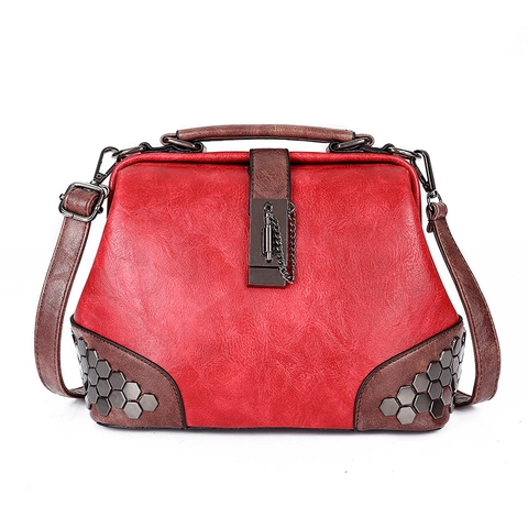 Borsa Medico Donna Retro Pelle PU Borchie Esagonali Serratura Metallo Borsa A Mano Vintage Tracolla Manico Contrasto