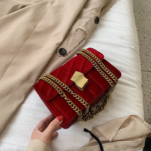 Dames Fluweel Gewatteerde Vierkante Crossbody Tas Mode Gouden Ketting Schoudertas Retro PU Leer Flap Kleine Tas