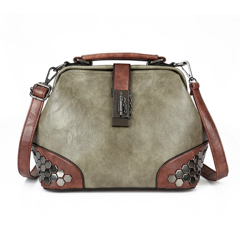 Borsa Medico Donna Retro Pelle PU Borchie Esagonali Serratura Metallo Borsa A Mano Vintage Tracolla Manico Contrasto