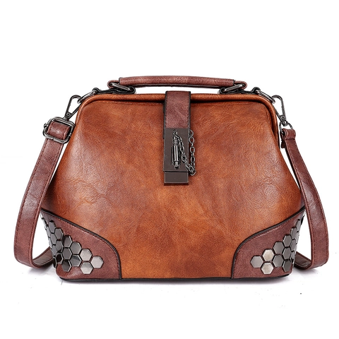 Retro PU Leather Doctor Bag For Women Vintage Top Handle Satchel Bag With Rivets And Metal Lock Crossbody Bag