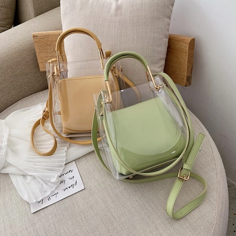 Bolso Bandolera Transparente De PVC Para Mujer Con Neceser Interior De Cuero Sintético Y Asa De Metal Dorado