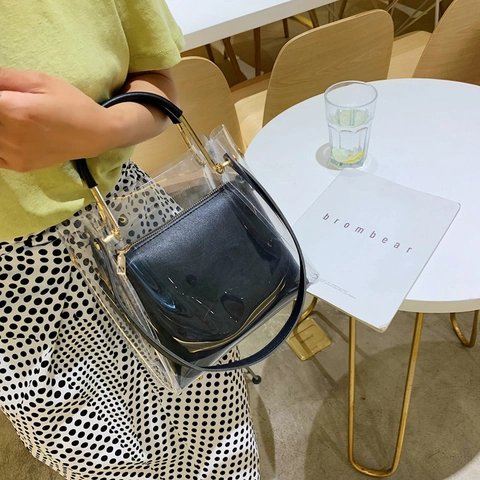 Bolso Bandolera Transparente De PVC Para Mujer Con Neceser Interior De Cuero Sintético Y Asa De Metal Dorado