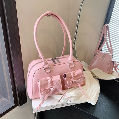 Glossy PU Leather Shoulder Underarm Bag With Double Bow Pockets Large Capacity Retro Y2K Style Fashion Bag For Women