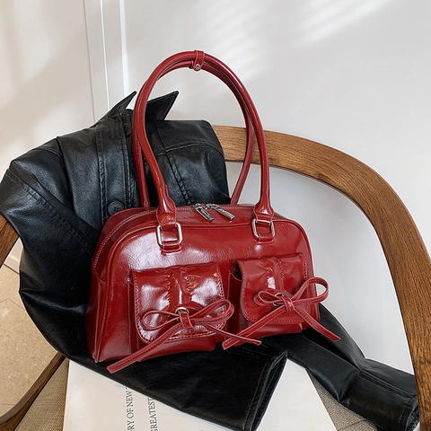 Glossy PU Leather Shoulder Underarm Bag With Double Bow Pockets Large Capacity Retro Y2K Style Fashion Bag For Women