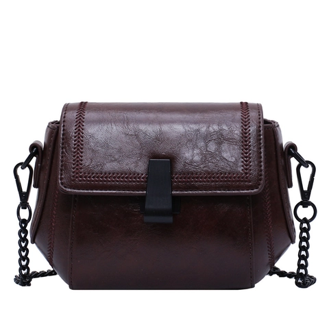 Women Vintage PU Leather Shoulder Bag Small Crossbody Square Purse With Metal Chain Strap Flip Lock V-Stitch Decor