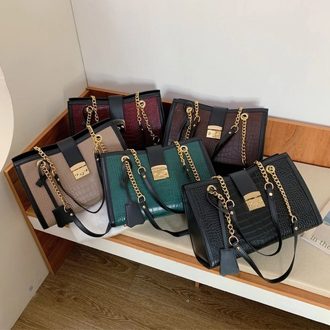Women Crocodile Pattern PU Leather Tote Bag Large Capacity Shoulder Bag With Gold Chain Metal Lock Office Work Handbag