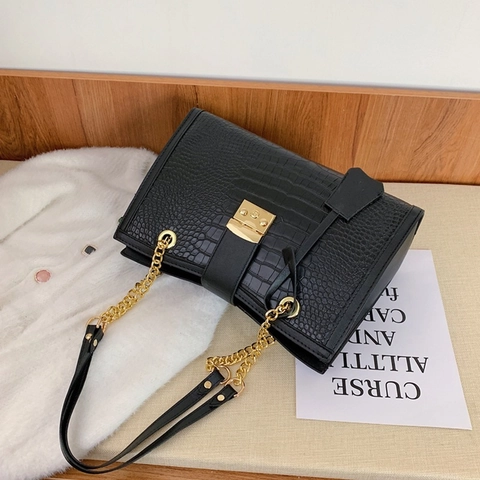 Women Crocodile Pattern PU Leather Tote Bag Large Capacity Shoulder Bag With Gold Chain Metal Lock Office Work Handbag