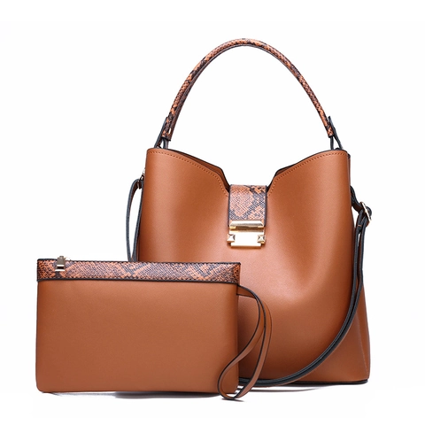 Modieuze Koreaanse Stijl Vrouwen PU Leren Emmer Tas Slangenpatroon Patchwork Schouder Crossbody Tas Grote Tote En Kleine Pouch