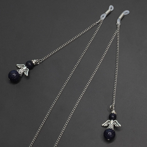 Glasses Chain Strap Lanyard Angel Wing Pendant Natural Blue Sandstone Beads Metal Vintage Eyewear Anti-Lost For Reading Glasses