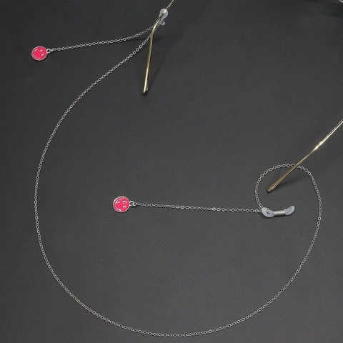 Metal Glasses Chain With Pink Enamel Smiley Face Charms Anti-Slip Eyewear Strap Holder For Sunglasses And Reading Glasses