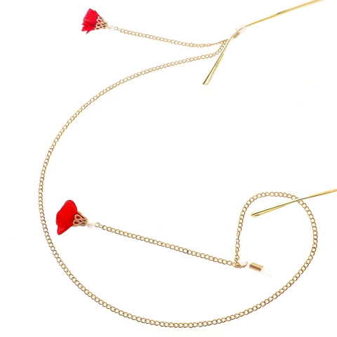 Catena Per Occhiali In Metallo Dorato Retrò Con Künstliche Perle Imitazione Bianche E Fiore In Tessuto Rosso Cinturino Antiscivolo