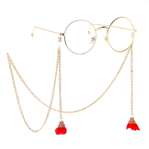 Catena Per Occhiali In Metallo Dorato Retrò Con Künstliche Perle Imitazione Bianche E Fiore In Tessuto Rosso Cinturino Antiscivolo