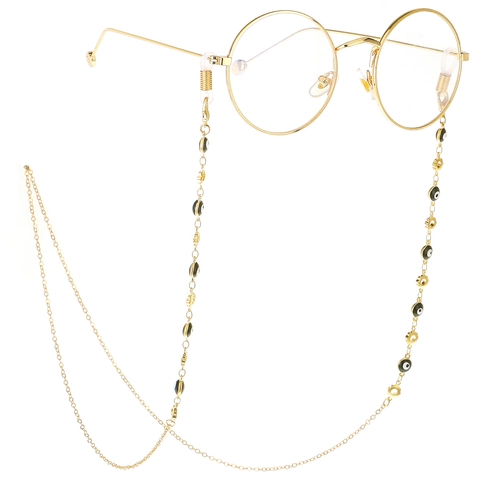 Modieuze Gouden Metalen Brillenkoord Evil Eye En Hol Bloemmotief Antislip Brilhouder Riem Halsketting Accessoire