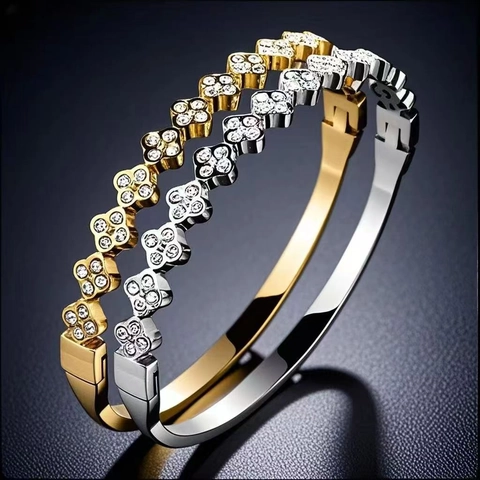 Bracciale Rigido Di Moda In Acciaio Inossidabile Placcato Strass Quadrifoglio Geometrico Cuore Numeri Romani Gioielli Donna