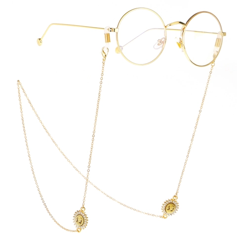 Vintage Glasses Chain Metal Rhinestone Cameo Pendant Anti-Lost Eyewear Strap Classic Retro Style Gold Color For Women