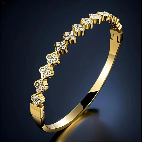 Stainless Steel Bangle For Women Gold Plated Zircon Inlaid Clover Heart Star Roman Numerals Fashion Jewelry