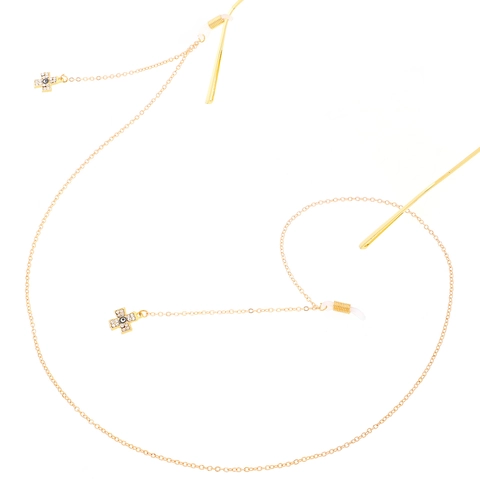 Gold Alloy Eyewear Chain With Rhinestone Cross And Evil Eye Pendants Anti Slip Glasses Holder Neck Strap Fashion