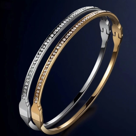 Bracciale Rigido Donna Acciaio Inossidabile Zirconi Strass Chiusura Cerniera Moda Gioielli Lusso Elegante