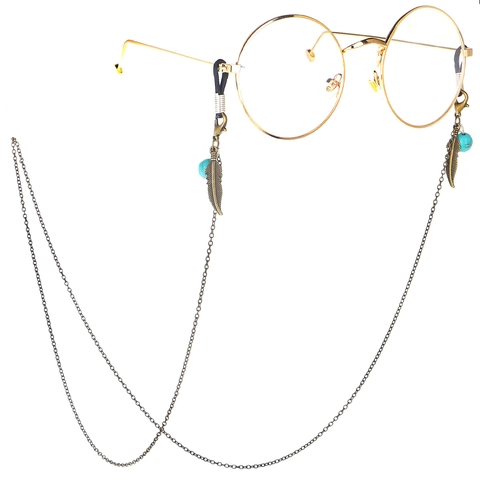 Eyeglass Chain Metal Turquoise Bead Feather Charm Anti Slip Sunglasses Strap Boho Ethnic Retro Style Holder Cord