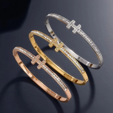 Edelstahl Armreif Strass H-Form Doppel-T Design Zirkonia Luxus Mode Damen Schmuck Vergoldetes Armband