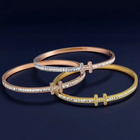 Brazalete De Acero Inoxidable Chapado En Oro Zirconia Cúbica Lujo Moda Mujeres Elegante Accesorio De Diamantes De Imitación