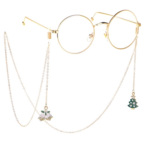 Christmas Tree Bell Pendant Glasses Chain Anti Slip Metal Eyeglass Lanyard Gold Enamel Rhinestone Decorative Strap