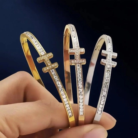 Edelstahl H-Form Armreif Vergoldet Zirkonia Luxus Eingelegter Eleganter Schmuck Für Damen